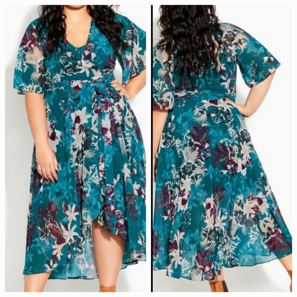 CITY CHIC Envelop Me flowy tropical beachy belted hi-low true wrap maxi dress